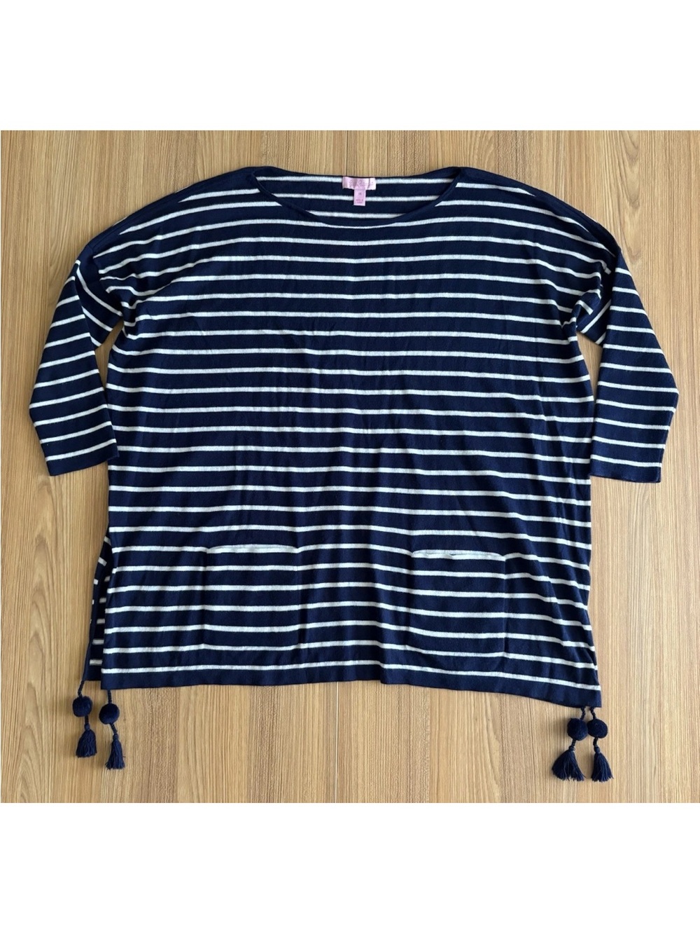 Lilly Pulitzer Elba Oversized Sweater Top M Navy Coolmax Tassels Coastal Resort